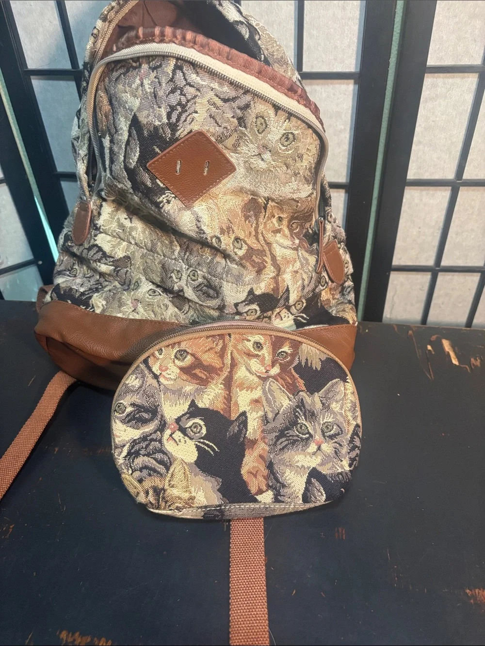 Brown & Multicolor Cat Print Tapestry Backpack